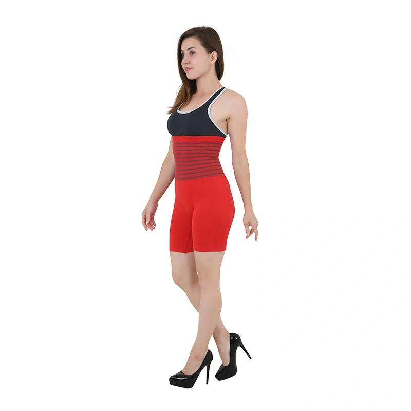 Red seamless body shaper shorts with striped waistband, side view - shapewear ecommerce photography by Lohar Studio Delhi